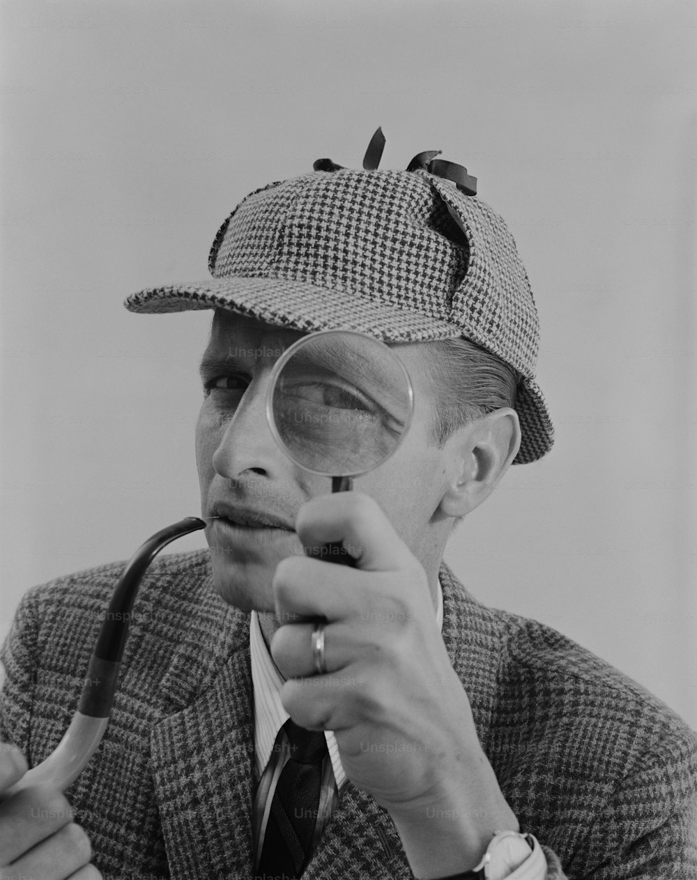 a man wearing a hat and holding a magnifying glass