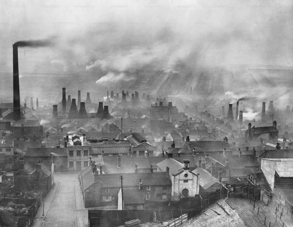 A view from the tower of Hanley Parish Church looking towards Burslem, Staffordshire, circa 1932. (Photo by Spencer Arnold/Hulton Archive/Getty Images)