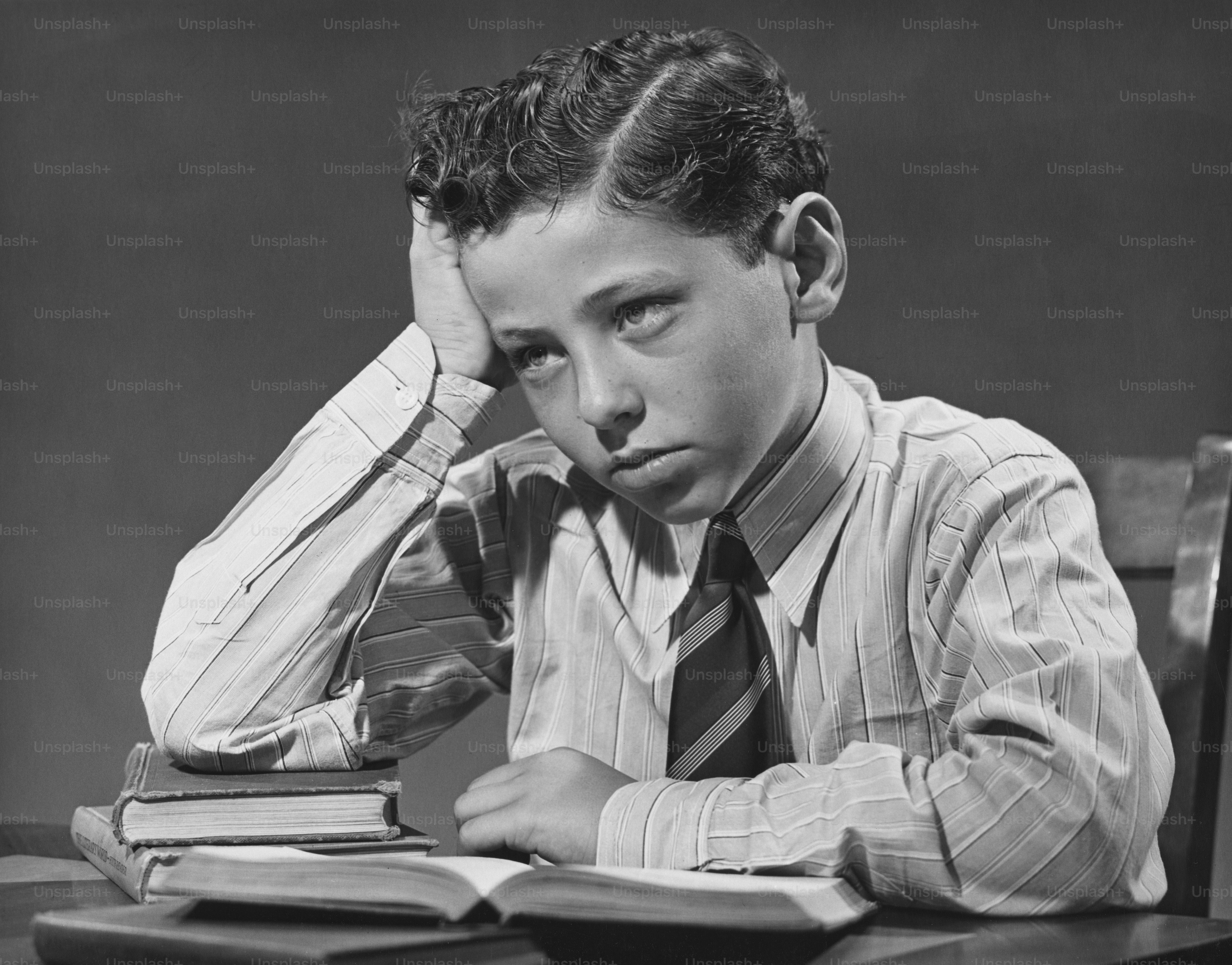 Ein gelangweilt aussehender Schuljunge an seinem Schreibtisch mit seinen Büchern. (Foto von George Marks / Retrofile / Getty Images)