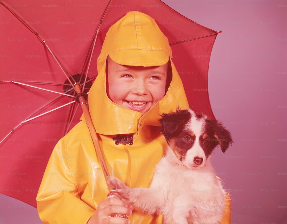 VEREINIGTE STAATEN - CIRCA 1960er Jahre: Junge mit Regenschirm, Welpe haltend, lächelnd.
