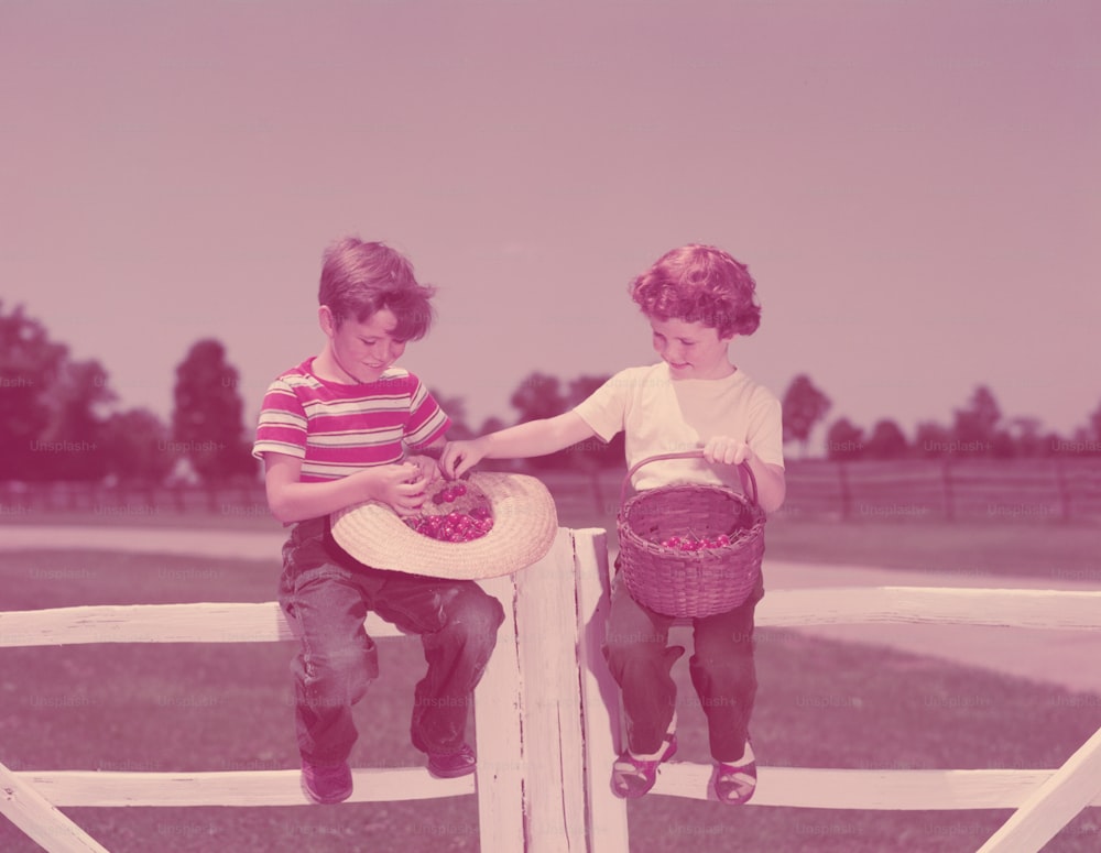 UNITED STATES - CIRCA 1950s:  Boy and girl sitting on farm fence, with basket of cherries.