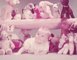 ESTADOS UNIDOS - CIRCA 1950s: Bebé gateando debajo de un estante lleno de animales de peluche.