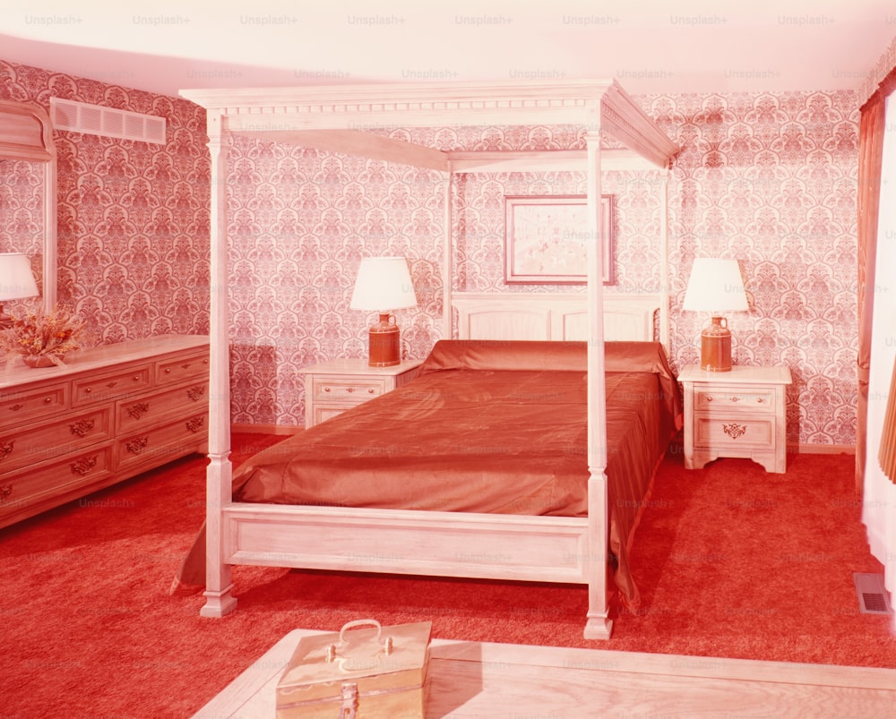 UNITED STATES - CIRCA 1970s:  Four poster bed in bedroom with wall to wall shag pile carpeting.