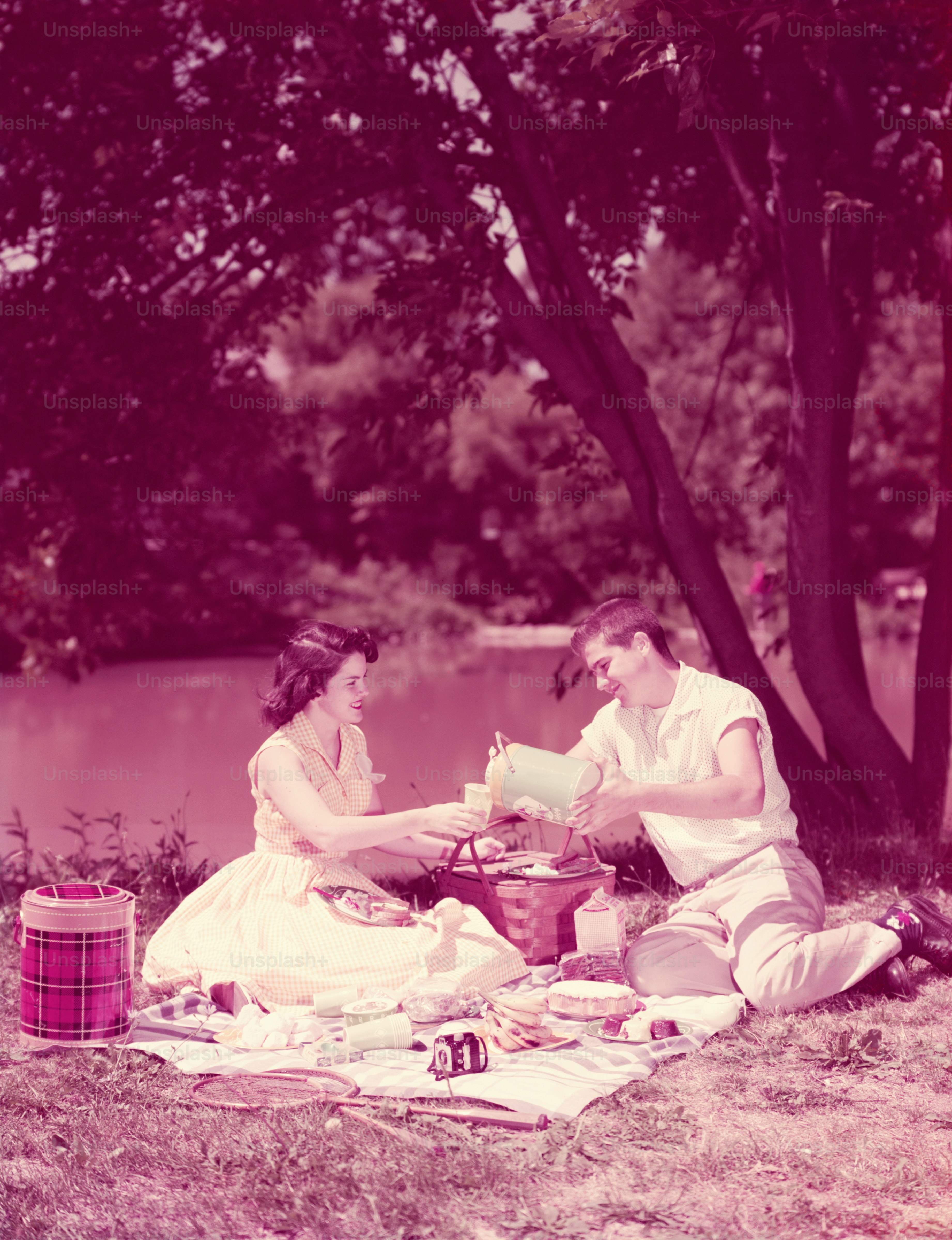 UNITED STATES - CIRCA 1950s:  Teenage couple having summer picnic by stream.