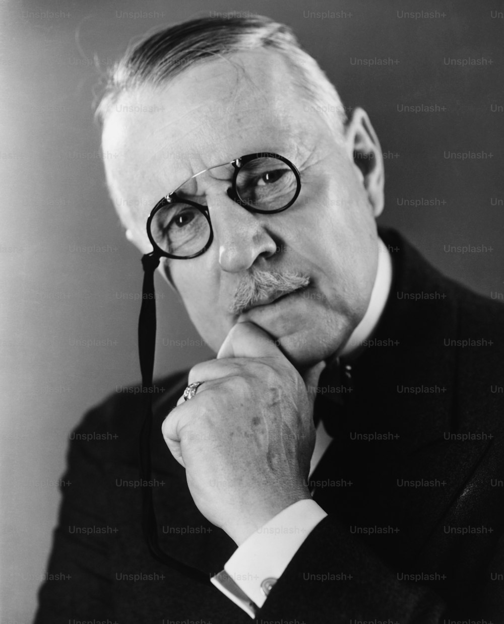 a black and white photo of a man wearing glasses