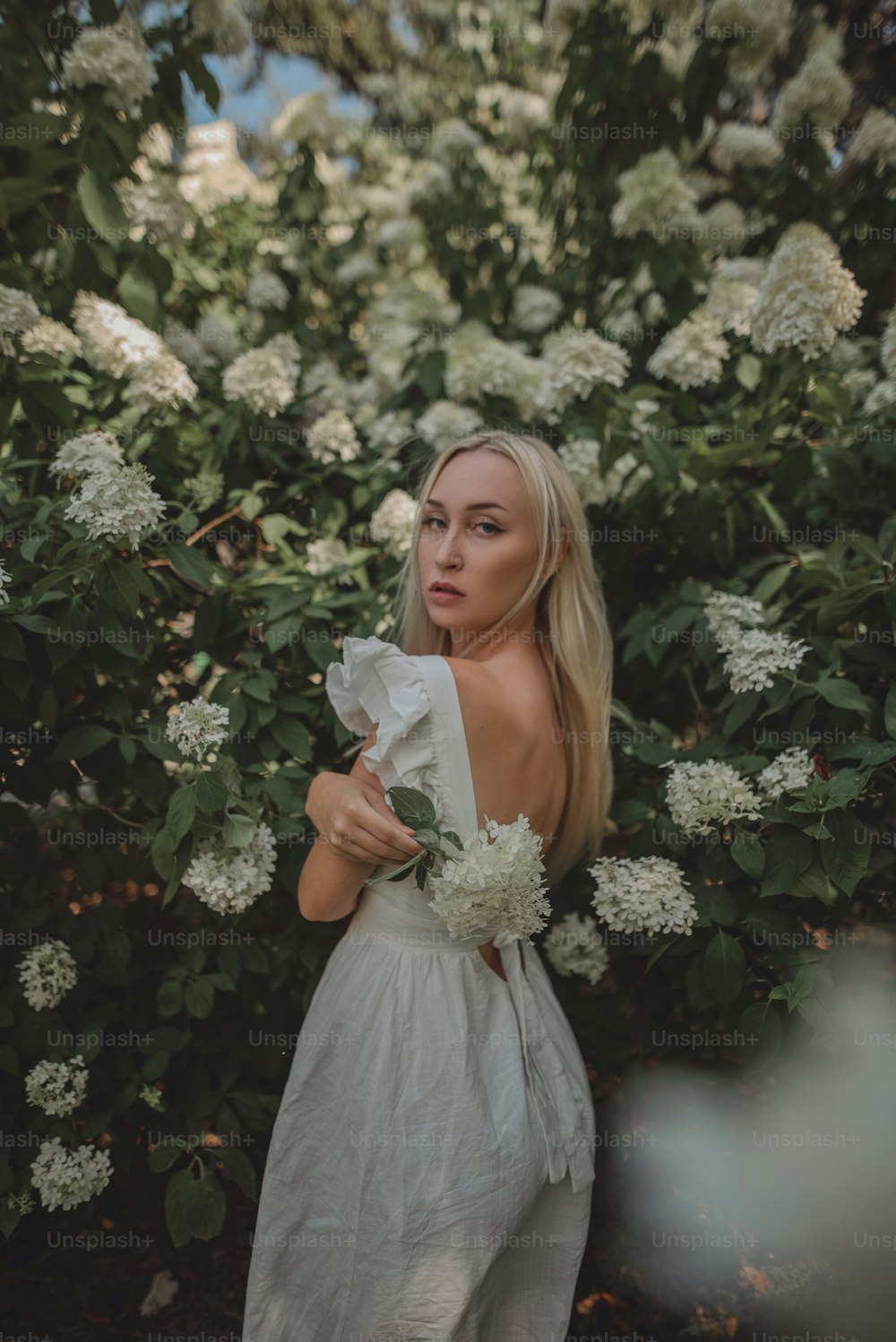 a woman standing in front of a bush with white flowers