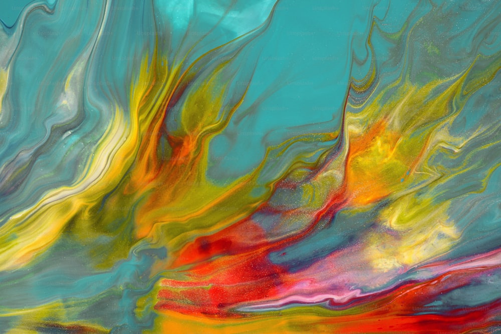 uma pintura abstrata de um esquema de cores azul, amarelo e vermelho