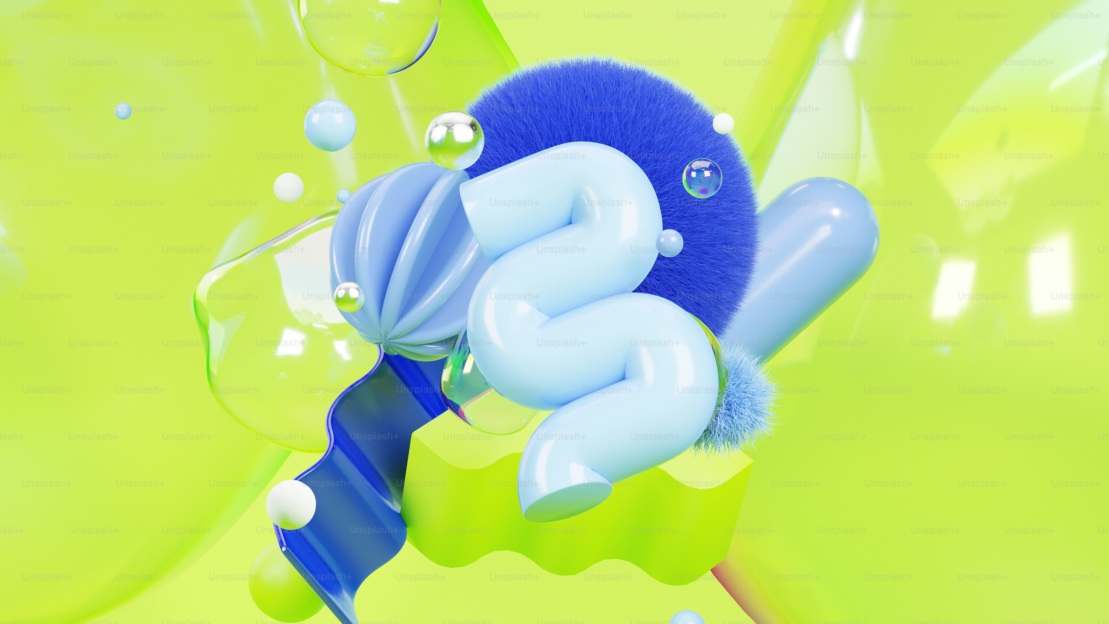 a blue and green object with bubbles and bubbles