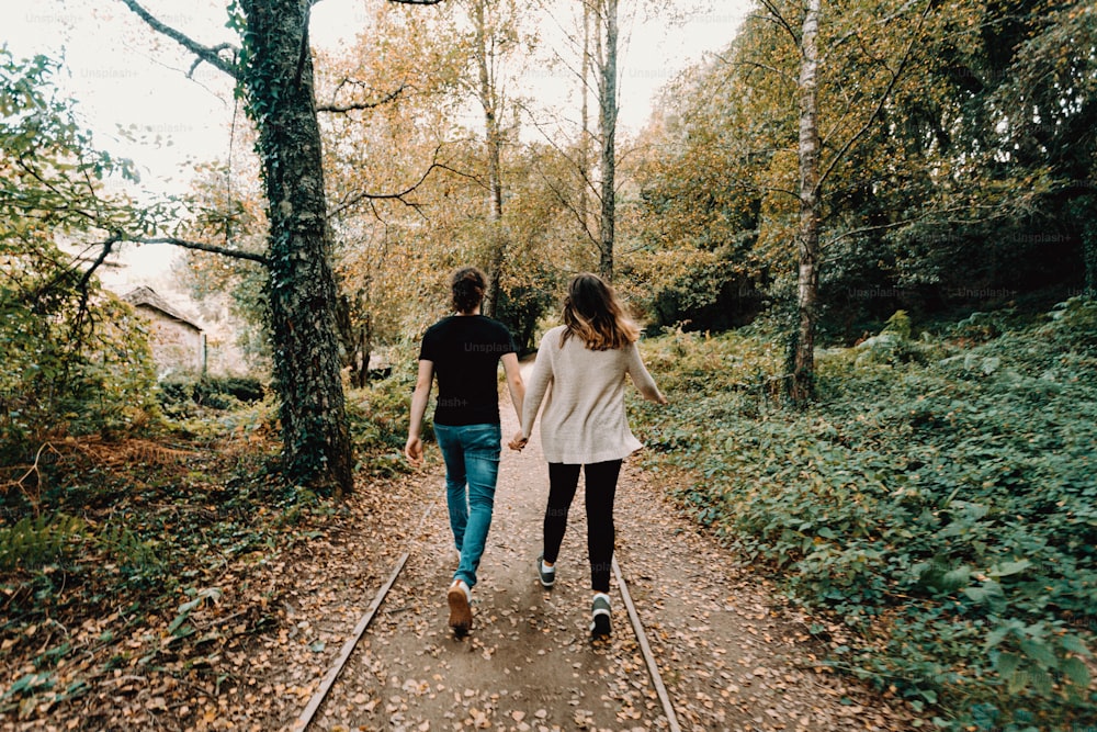 Due persone che camminano lungo un sentiero nel bosco