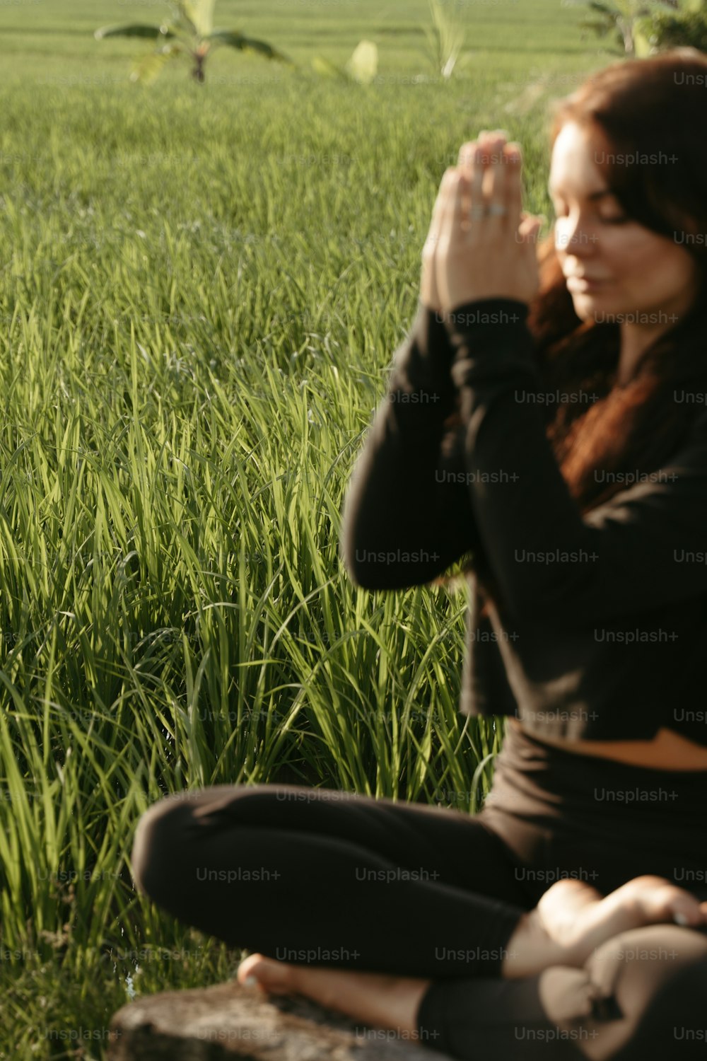 a woman sitting on a rock in a grassy field
