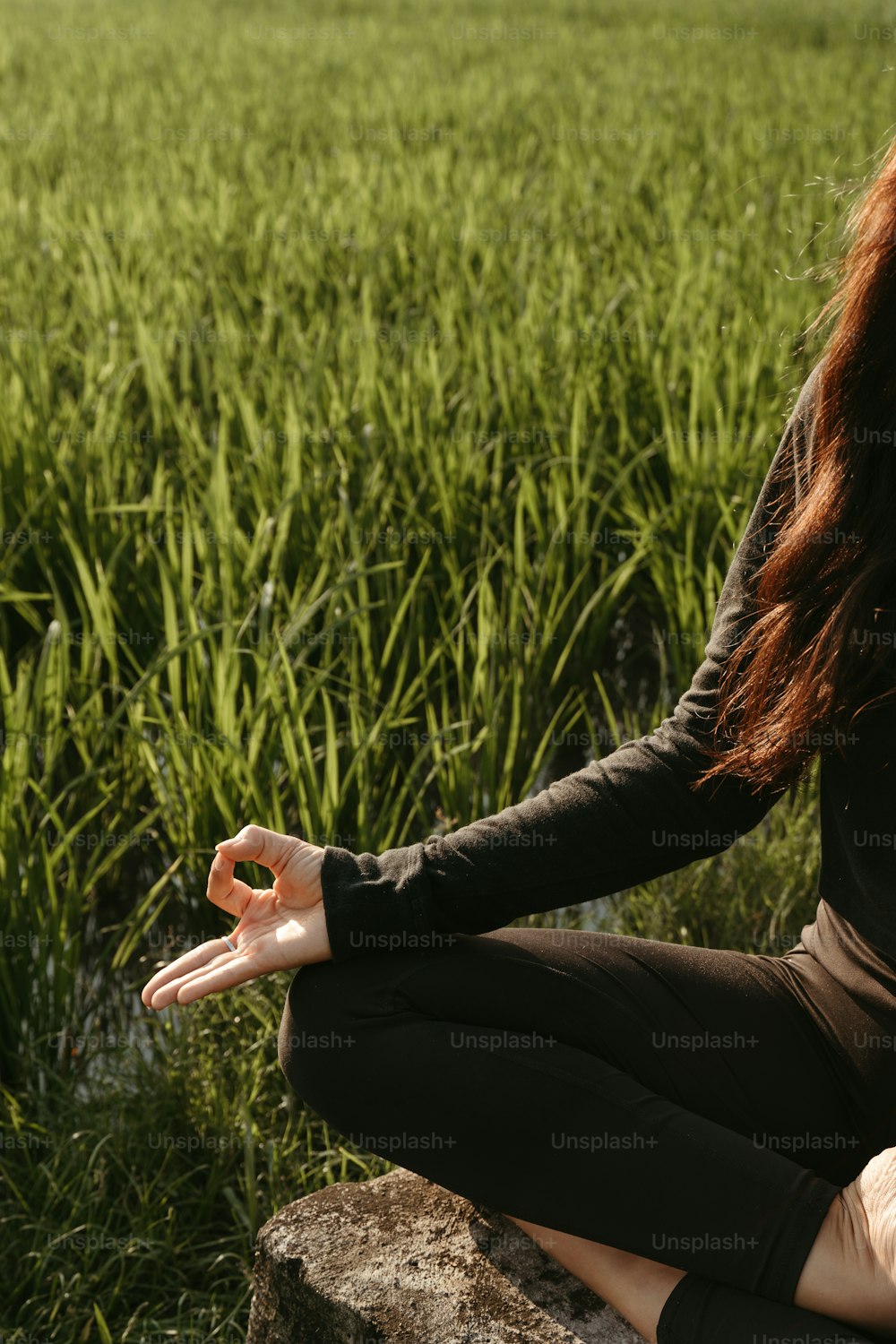 Una mujer sentada en una roca frente a un campo