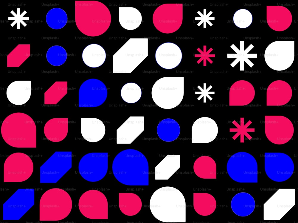 a black background with red, white, and blue shapes