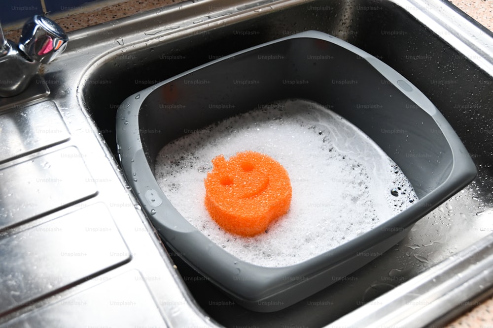 a sink filled with water and a bowl of food