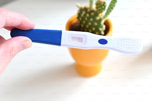 a person is holding a blue and white toothbrush