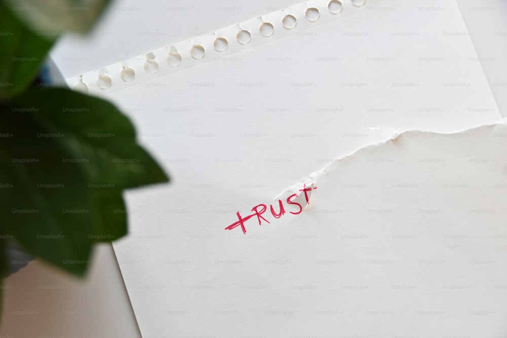 Un pedazo de papel con la palabra Trust escrita en él