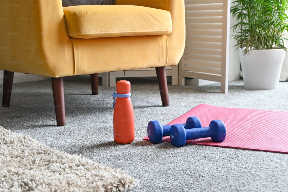 a pair of blue and orange dumbs and a pink mat on the floor