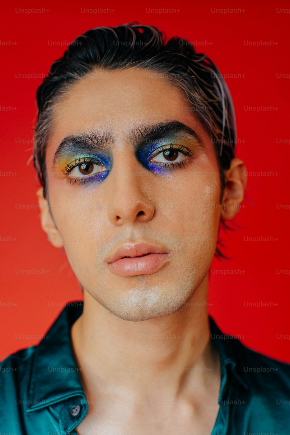 a man with blue and yellow makeup looks at the camera