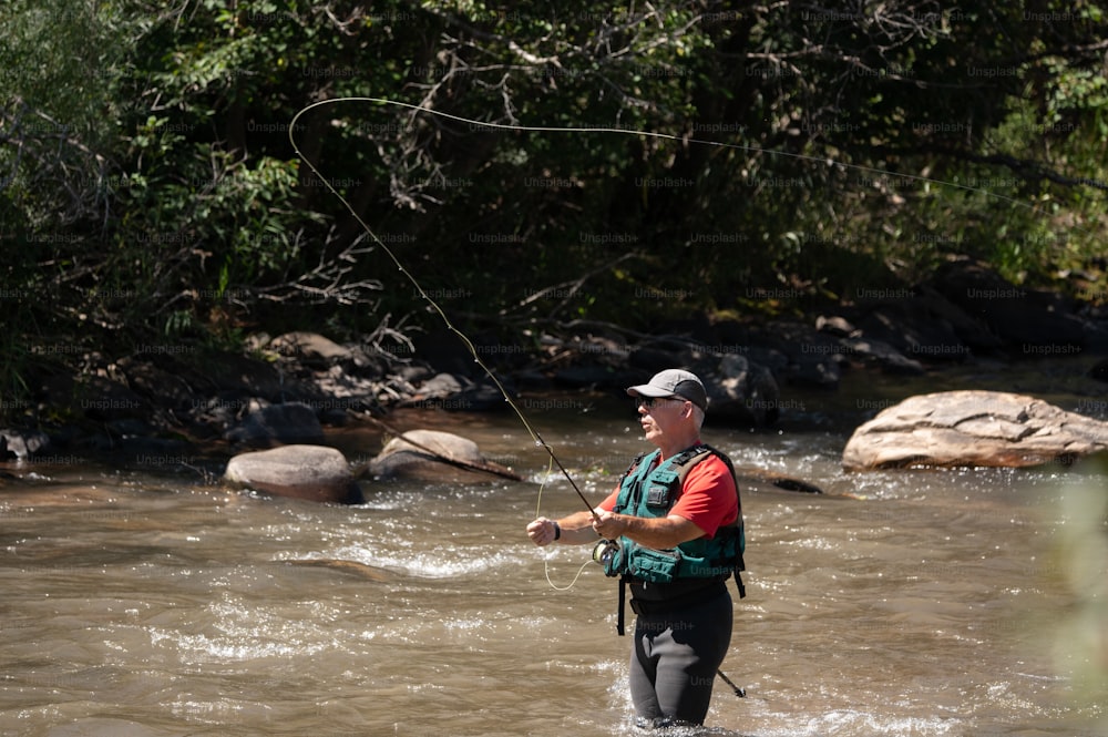 Un uomo in piedi in un fiume mentre tiene una canna da pesca