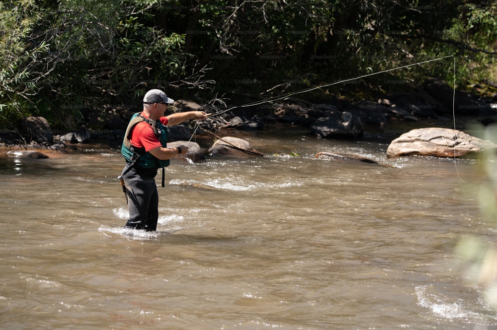 a man standing in a river holding a fishing line