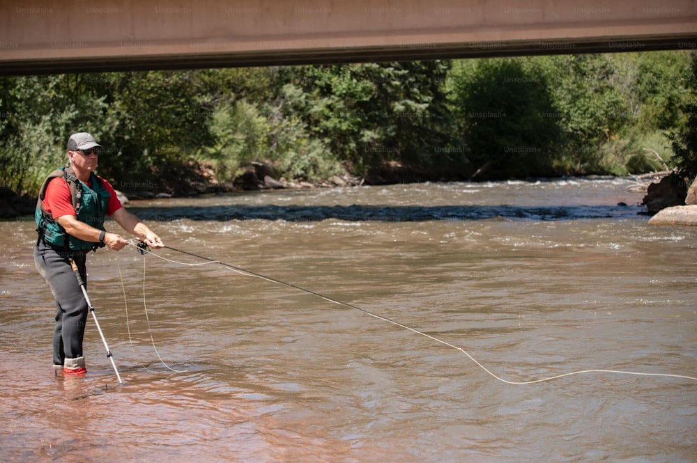 a man standing in a river while holding a fishing line