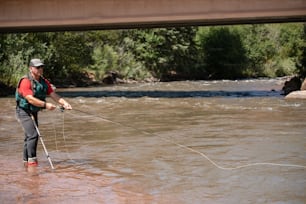 a man standing in a river while holding a fishing line