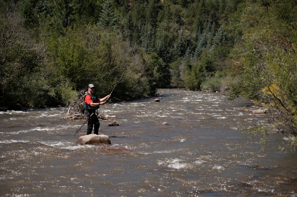 Un hombre parado sobre una roca en medio de un río