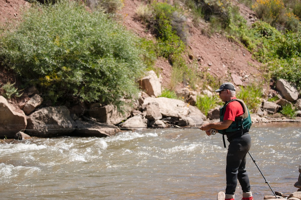 a man standing on a rock while holding a fishing rod