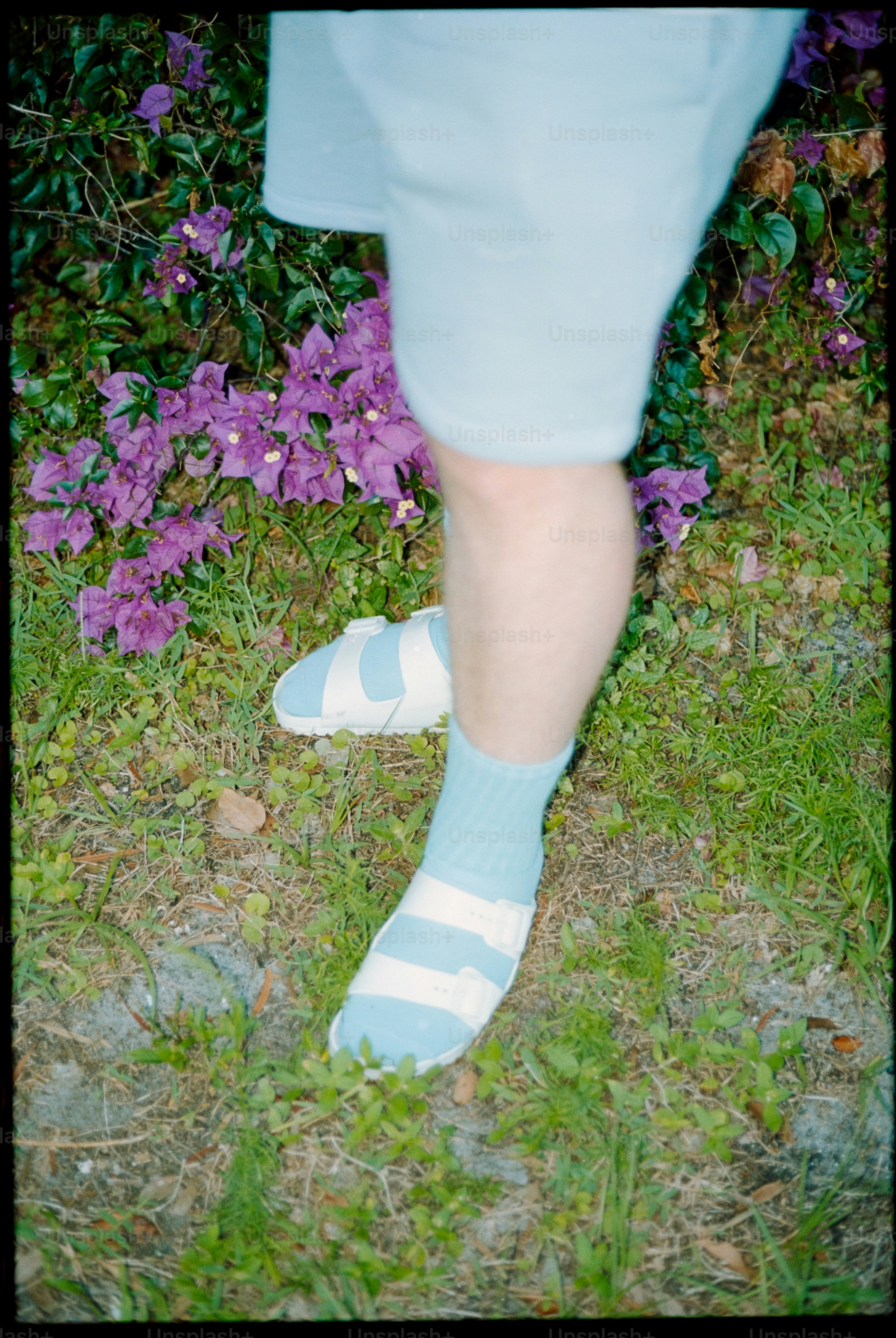 une personne portant des chaussettes bleues et blanches debout dans l’herbe