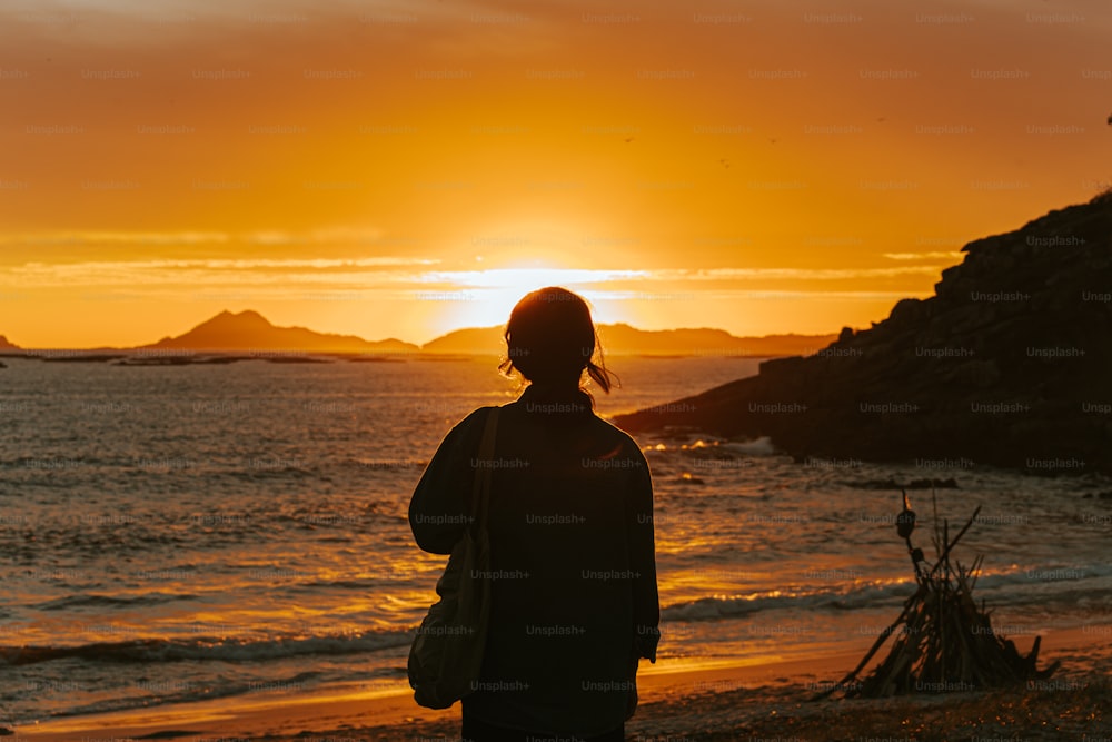 une personne debout sur une plage au coucher du soleil