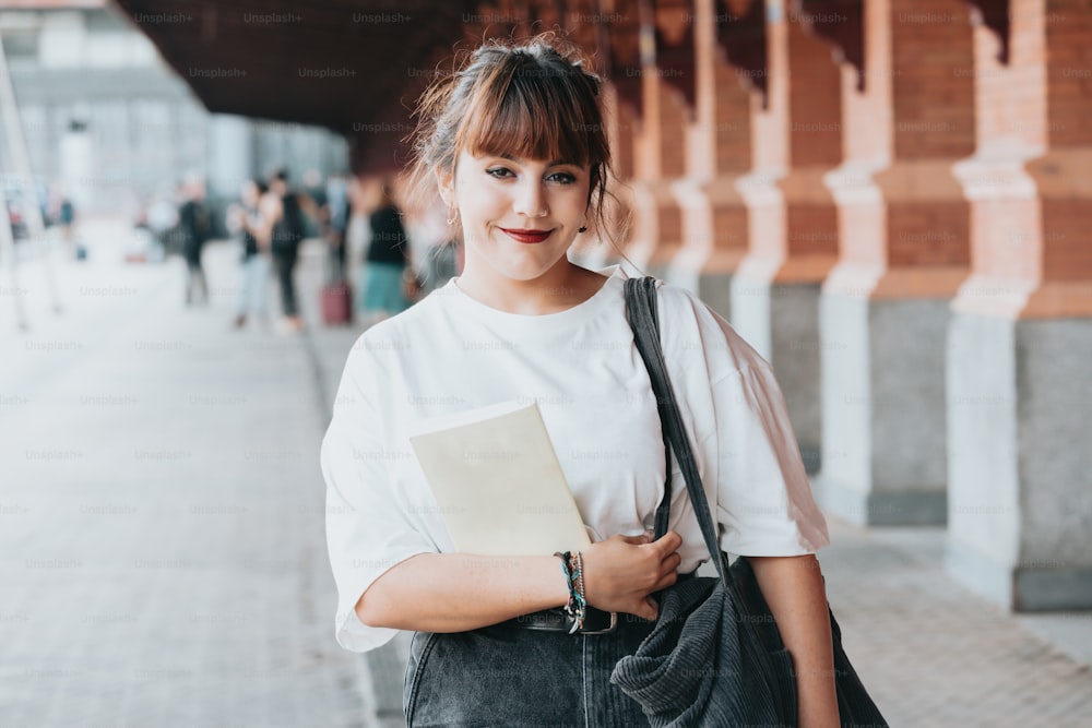 a woman standing on a sidewalk with a book in her hand