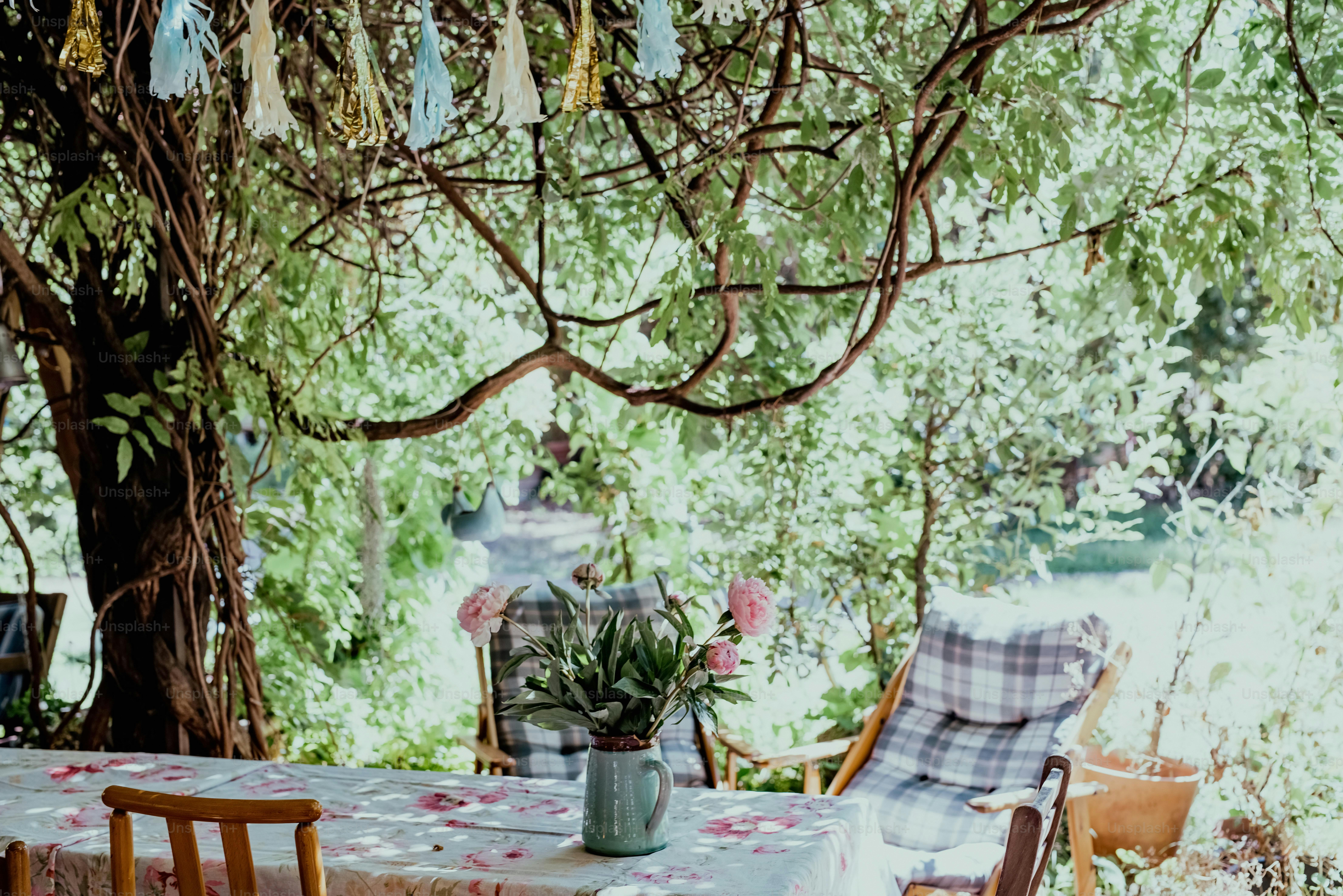 a table and chairs under a large tree