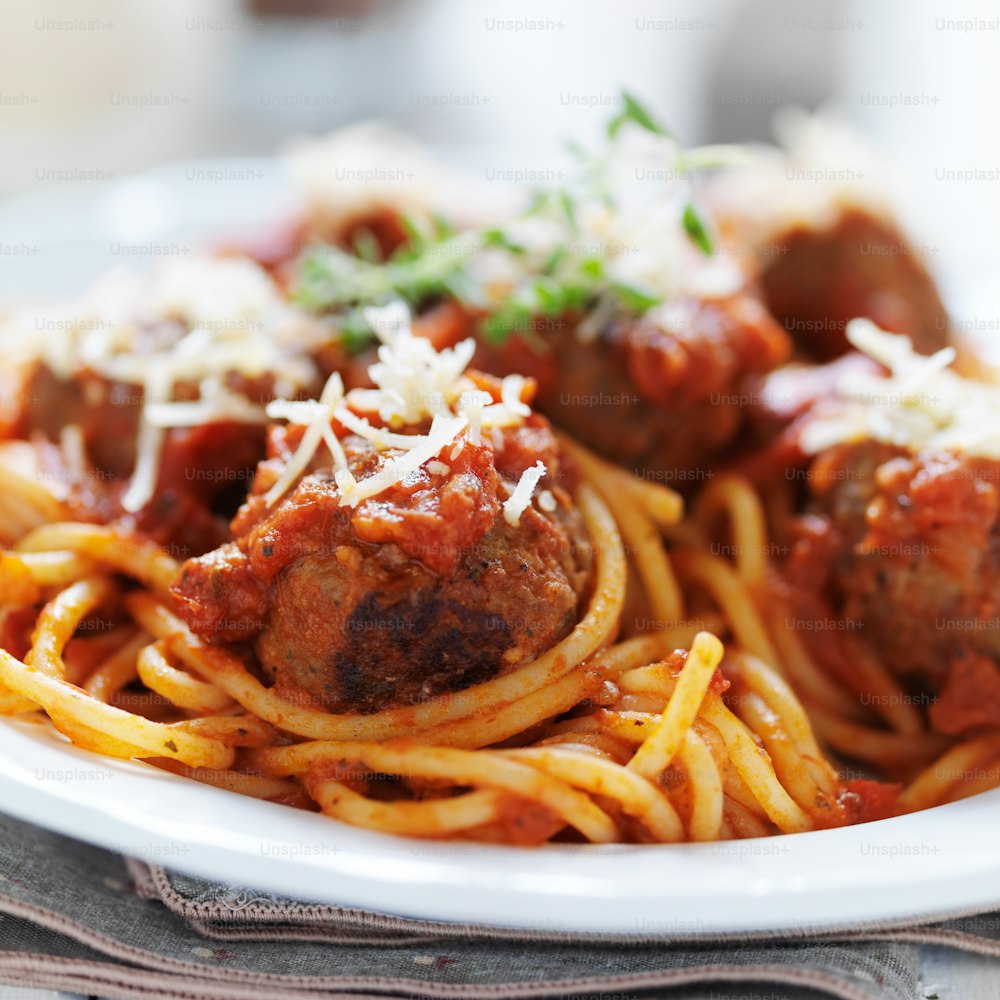 italian spaghetti and metaball dinner close up shot with selective focus