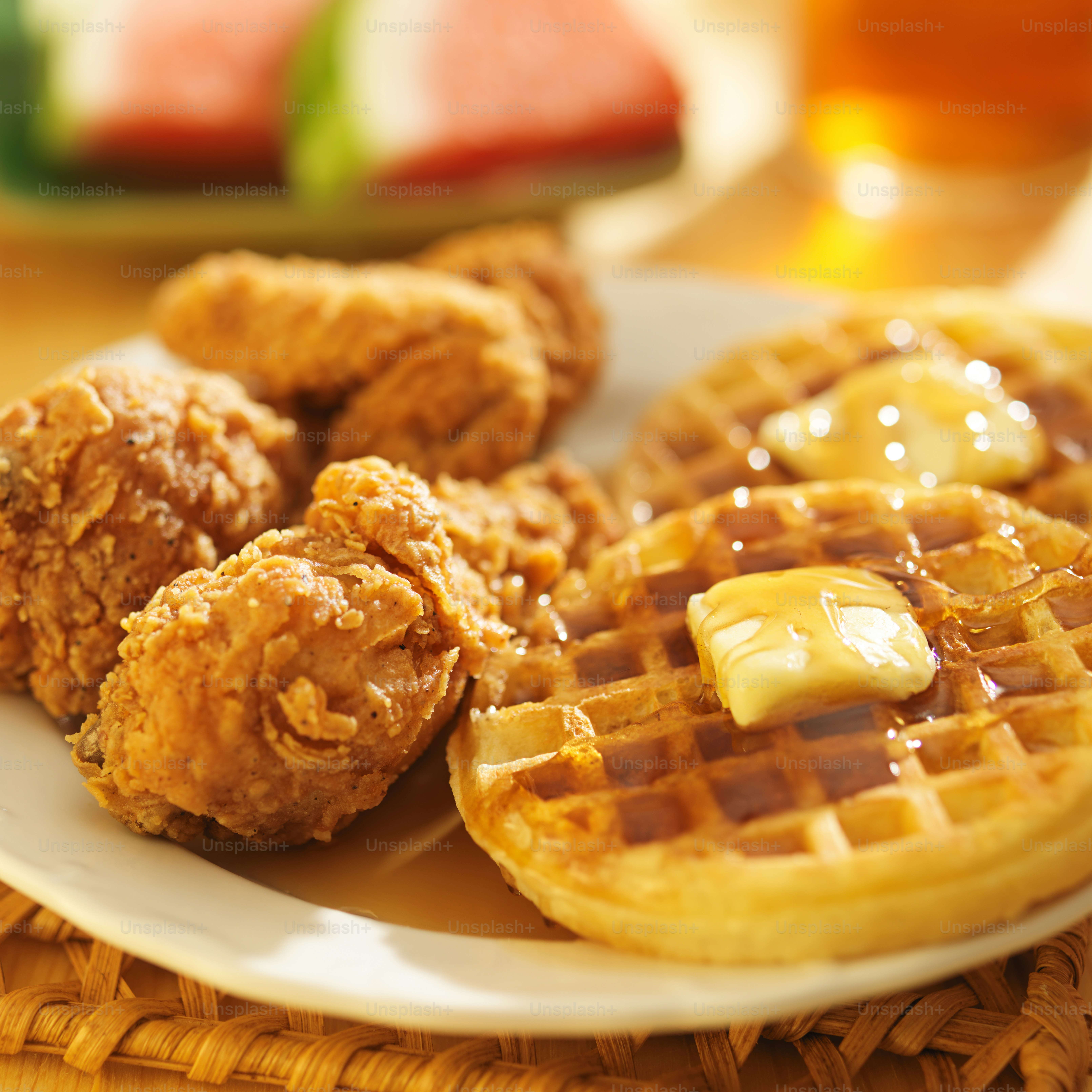 Fried chicken and waffles with watermelon & sweet tea photo Waffle