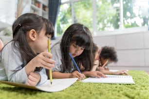 색연필로 종이를 그리는 작은 미취학 아동. 어린이 친구 교육 개념의 초상화.