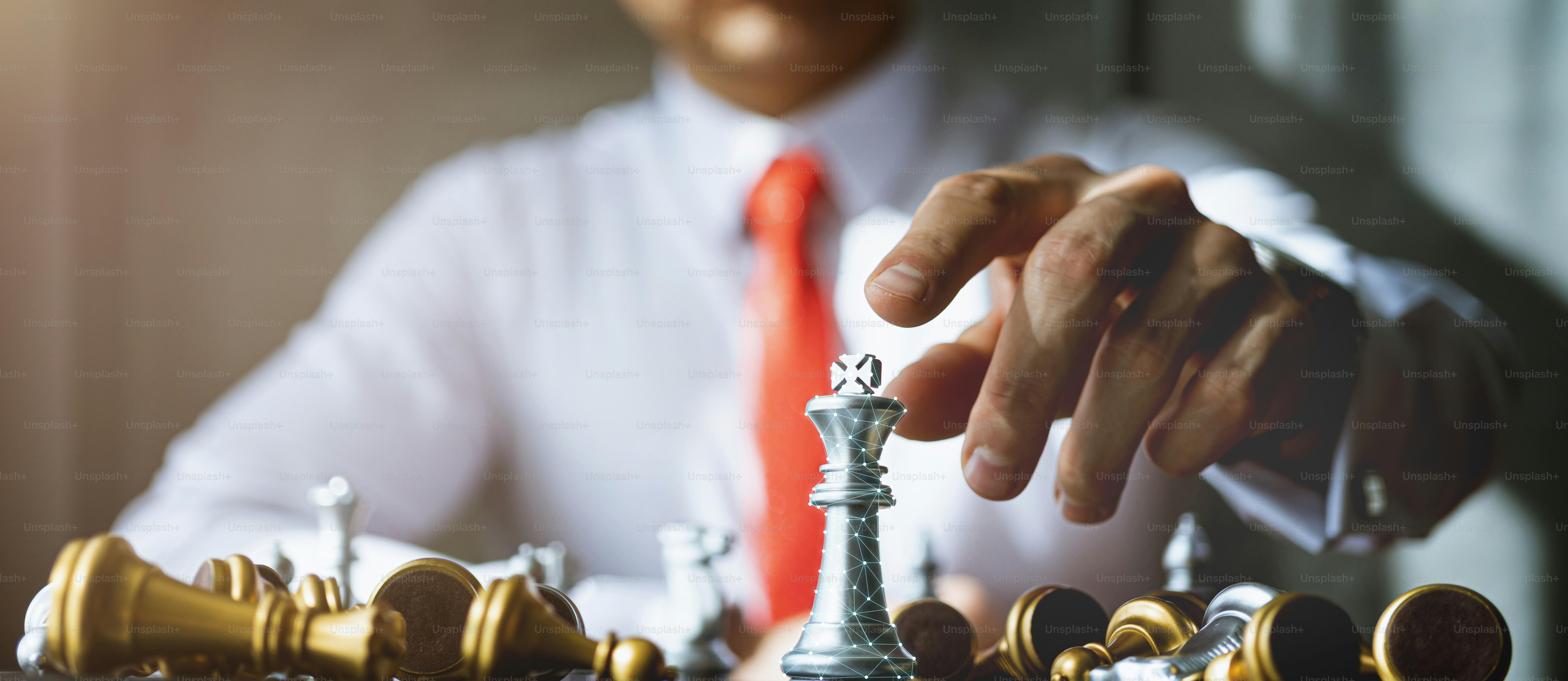 business strategy brainstorm chess board game with hand touch black background with free copy space for your text