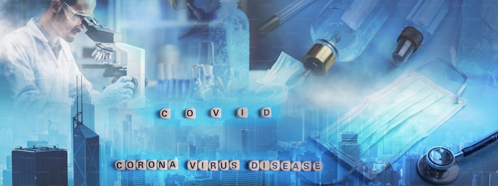 Coronavirus COVID-19 concept, header background of Virus from Wuhan, China. panoramic banner with blue spheres concept.