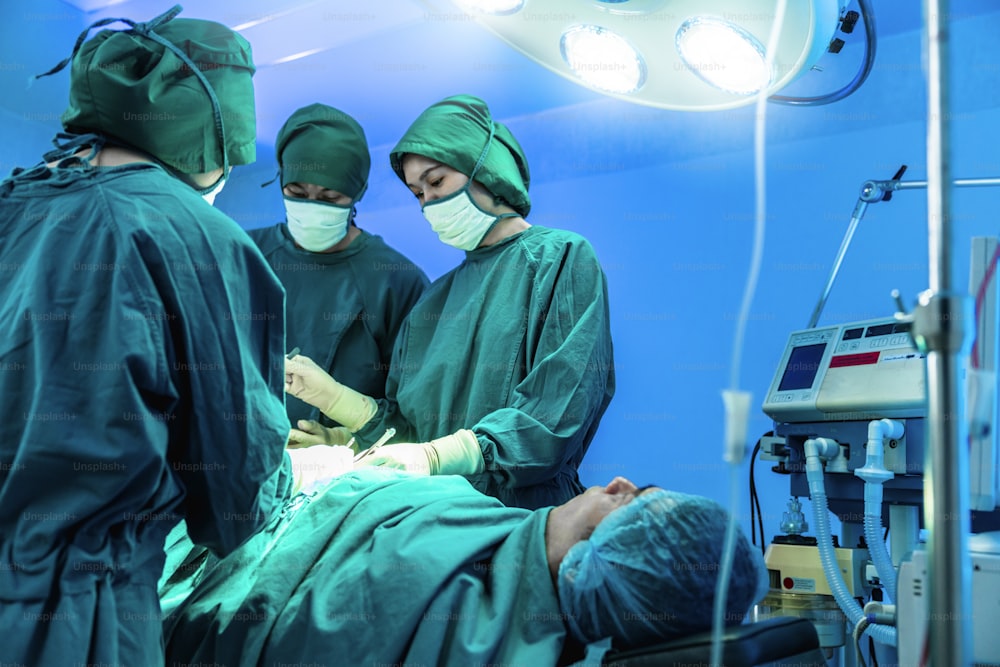 Group of asian doctor and nurse surgeons in hospital operating theater. Medical team performing surgery in operation room.Medical team doing critical operation.health and wellness concept