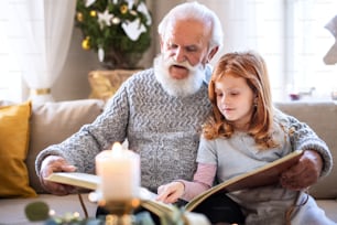 Small girl with senior grandfather indoors at home at Christmas, looking at album with photographs.