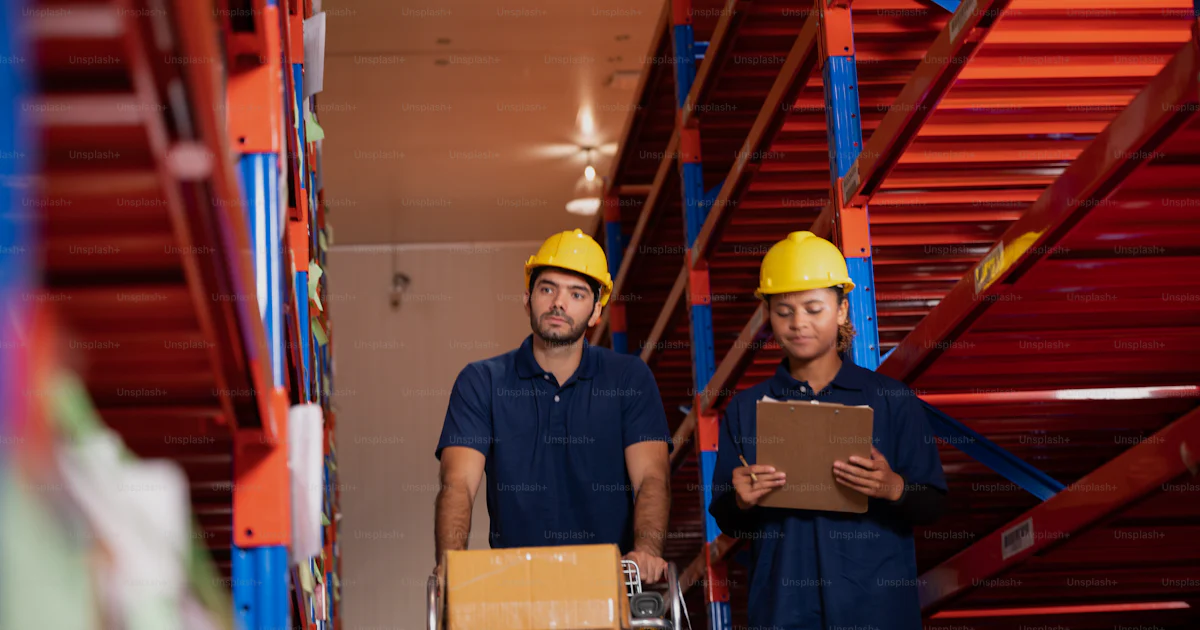 Teamworker Foreman teamworker men and women work together in warehouse wearing ...