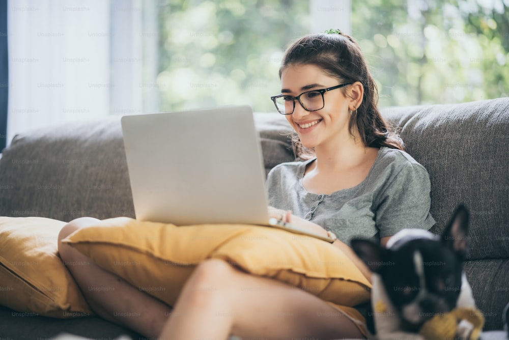 person woman using technology computer to video call from home, business communication with laptop and internet to working and meeting online, remote conference to office