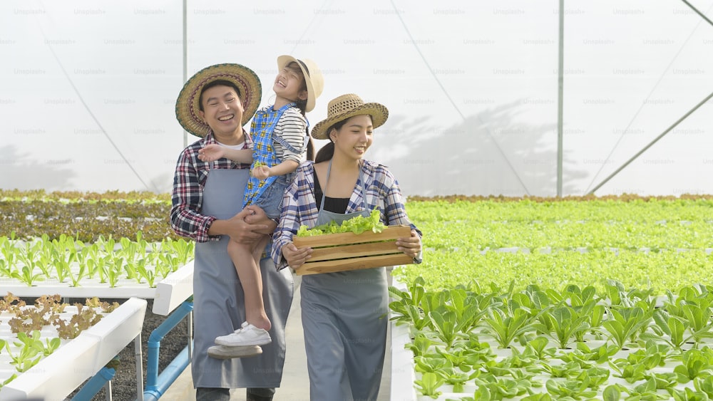 Eine glückliche Bauernfamilie, die in einer hydroponischen Gewächshausfarm, sauberen Lebensmitteln und einem gesunden Ernährungskonzept arbeitet