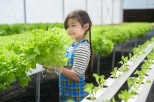 Una niña linda feliz que aprende y estudia en una granja de invernadero hidropónico, educación y concepto científico