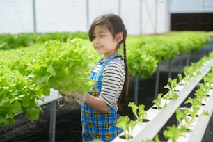 A happy cute girl learning and studying in hydroponic greenhouse farm, education and scientist concept