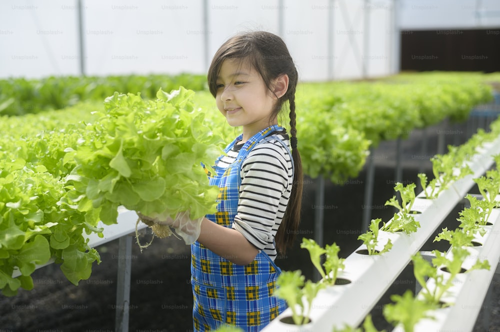 A happy cute girl learning and studying in hydroponic greenhouse farm, education and scientist concept