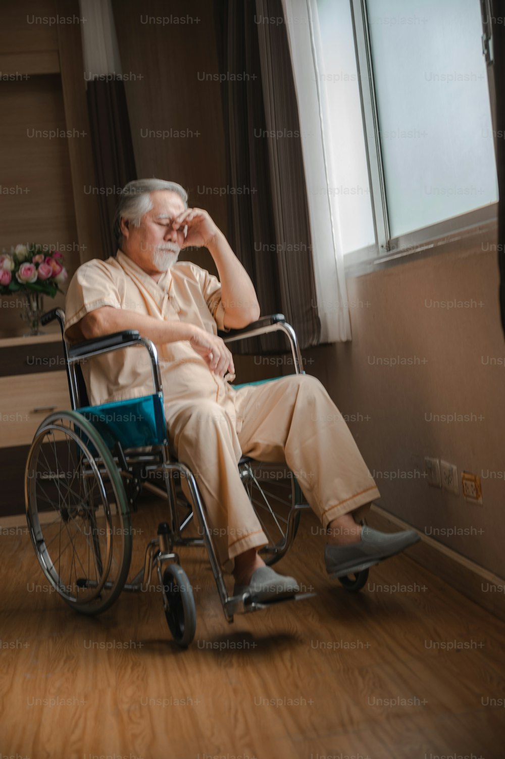 old Asian man person, senior elderly male patient have a depression disease and retirement, lonely and sad at hospital, medical mental health concept banner background with copy space
