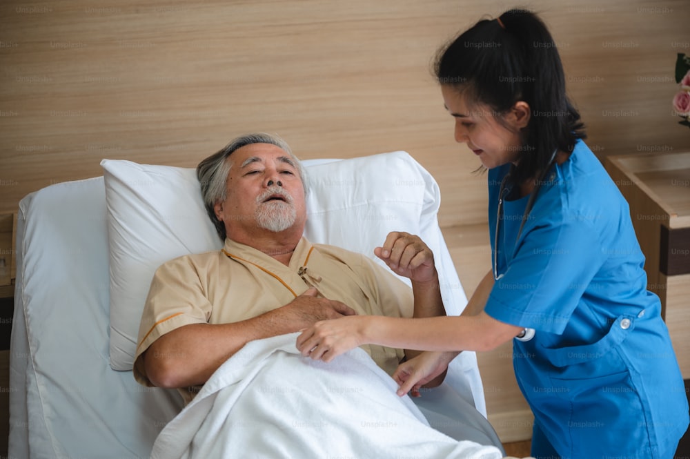 health insurance concept, Elderly patients living in hospital for medical checking by professional doctor and support by nurse, medicine health care for senior person