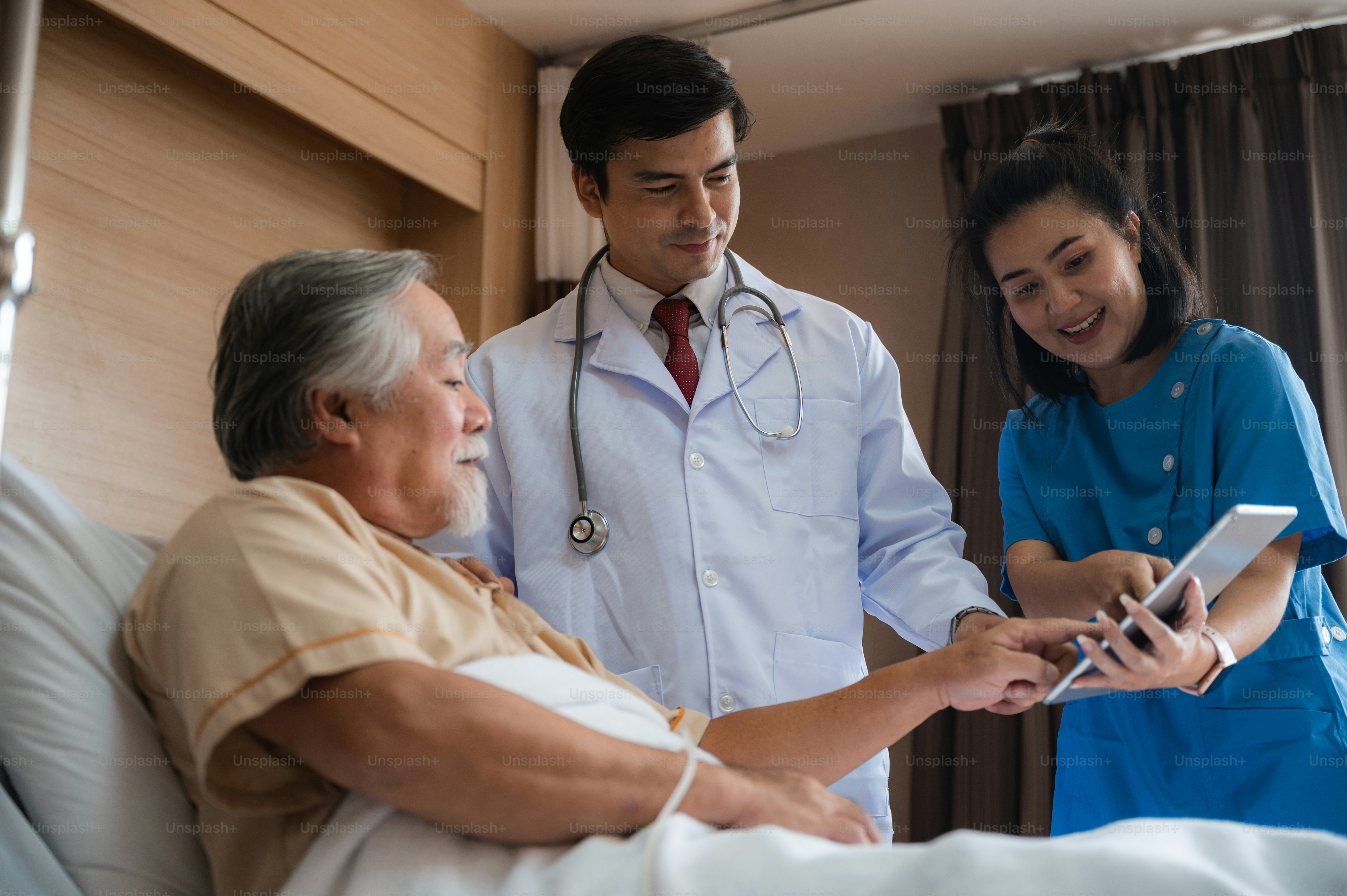 health insurance concept, Elderly patients living in hospital for medical checking by professional doctor and support by nurse, medicine health care for senior person
