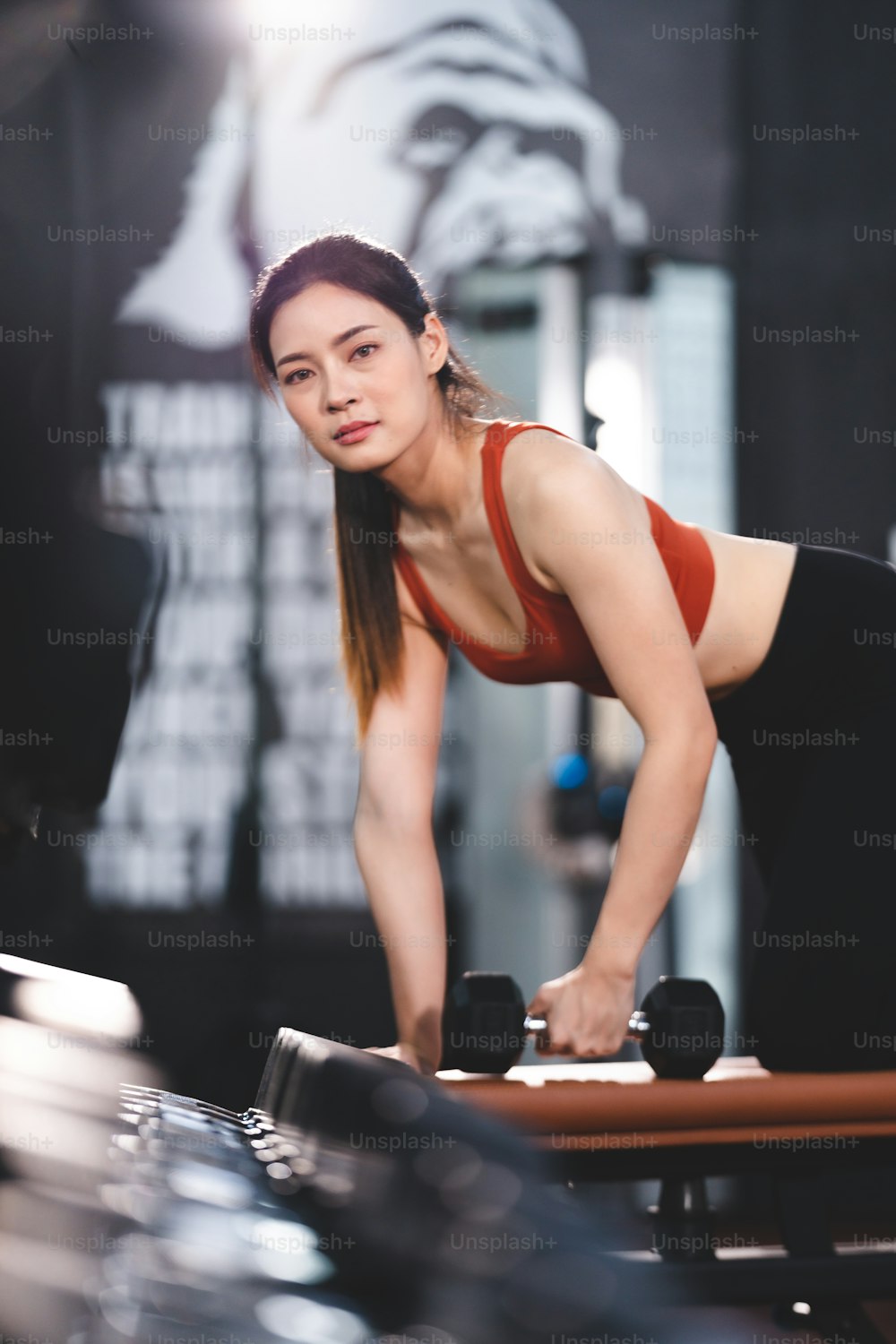 young Asian woman person exercise in fitness gym for building a beautiful slim body, healthy training of athletic female in sport lifestyle, attractive girl doing weight active wellness in happy