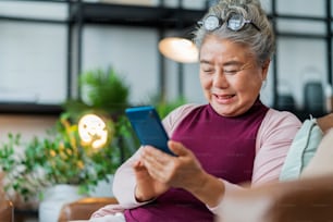 retired senior old asian female casual cloth relax lifestyle on sofa morning weekend,asian female hand use smartphone spending holiday on internet smartphone social network activity