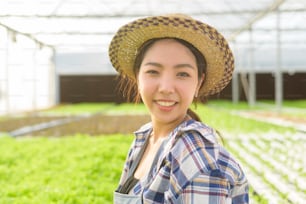 A young female farmer working in hydroponic greenhouse farm, clean food and healthy eating concept